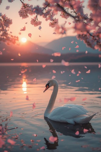 Poster cigno lago fiori - cigno,