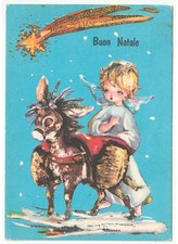 1971 cartolina auguri di Buon Natale vintage angelo asino stella cometa