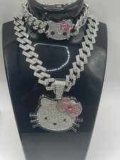 Set collana bracciale maglia cubana ciondolo catena ciondolo Hello Kitty placcato argento