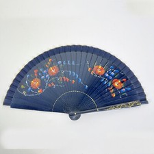 Ventaglio vintage pieghevole Blu per da signora in legno dipinto fiori e stoffa 