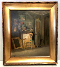 ANTICO QUADRO OLIO G. Scolari Lo studio del pittore INTERNO SEDIA STUFA COMO '43