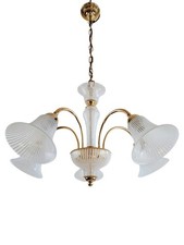 Lampadario F. Fabbian Anni 80 Vetro Murano Filigrana Bianca E Ottone