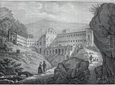 CALABRIA-PAOLA-VEDUTA DEL MONASTERO-ANTICA LITOGRAFIA-ANIMATA-'800-DA COLLEZIONE