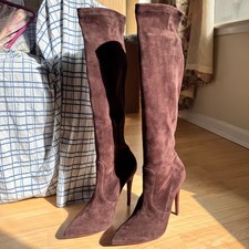 LEGGI Amanda Gregory stivali sotto il ginocchio marroni elasticizzati scamosciati tacco taglia US 12 EU 42