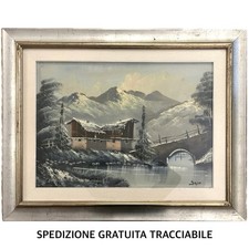 Dipinto Olio Su Tela 50X70 • Firmato Con Cornice Argento • Paesaggio Innevato •