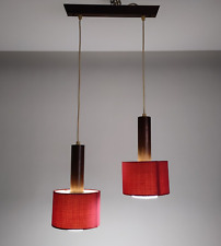 Lampadario vintage 2 luci pendenti vetro legno tek tessuto design Svezia -72V