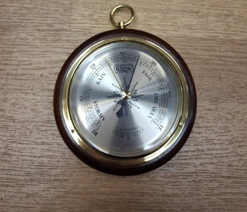 Brass wood barometer - &, by