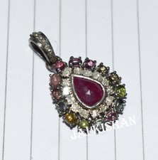 Rubino Multi Tormalina Gemma Polki Diamante 925 Argento Sterling Etnico Ciondolo