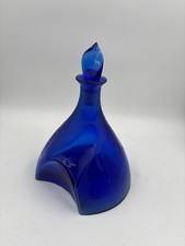 Bottiglia/decanter in vetro blu cobalto 22 cm - fondo triangolare, tappo, deco vintage