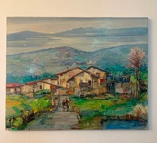 GRANDE DIPINTO OLIO SU TELA ANNI 70 RAFF. PAESAGGIO CON LAGO, 100X80 FIRMATO
