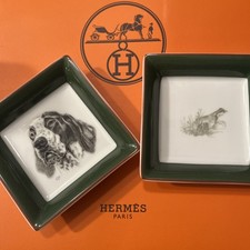 Coppia Hermes Paris MINI piatto/vassoio quadrato 8 cm segugio da caccia e fagiano Limoges