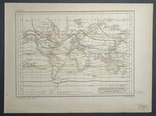 Antica mappa Mondo Carta Isoterme  1864