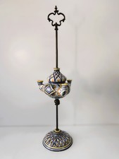 Lampada ad olio in ottone e ceramica di Faenza vintage Lucerna  dipinta a mano