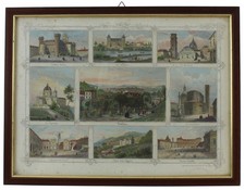 TORINO: 9 vedute a colori - Stampa antica con cornice in legno Oeder L. (incisor