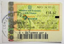MARCA DA BOLLO da € 14,62. ANNO 2007 - 12 APRILE COMUNE ROMA FRAMMENTO CARTA