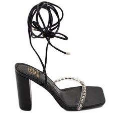 Sandalo donna gioiello open toe nero intrecciato tacco doppio 10 strass luccican