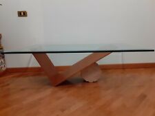 Tavolino moderno in cristallo temperato,legno e piedistallo in pietra. 150×80h50