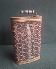 Antico SCALDALETTO Francese VINTAGE IN RAME Scaldino Anni 30 con Panno Ricamato