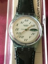 Orologio da polso SWATCH Gent GREEN LAQUER (GM709)-NUOVO/NOS-pelle verde/data/giorno feriale 
