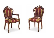 SEDIA E SEDIA CAPOTAVOLA TRAFORATA IN LEGNO NOCE E TESSUTO ROSSO E ORO