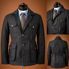 2 Pezzi Giacche Safari Uomo Abbigliamento Sport Outdoor Tweed Spina di Pesce Cappotti Caccia