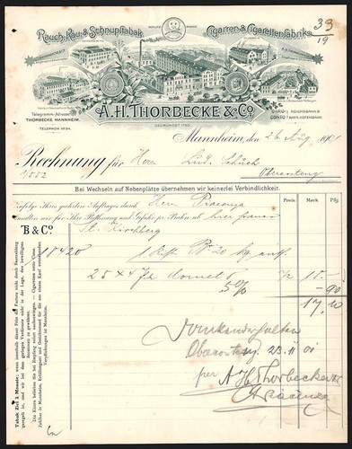 Fattura mannheim 1907 - mannheim, h