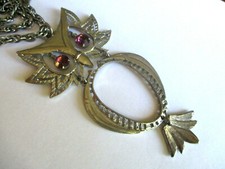 Grand pendentif hibou argenté cristaux améthyste porte bonheur bijou rétro 64