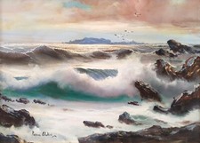 Dipinto olio originale realistico mare-mare al tramonto-onde sulle rocce firmato