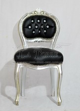 Sediolina Luigi XV sedia musica legno massello foglia argento ecopelle nera K90