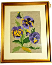 Quadro Mezzo Punto Ricamo primi del '900 con cornice e vetro fatto a mano Viole