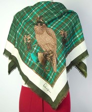 Vintage VIVIENNE GLAMOUR Foulard Warm Scarf Verde Bianco Caccia Falco Seta Lana