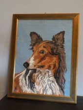 QUADRO COLLIE PASTORE SCOZZESE RICAMATO A MANO A PICCOLO PUNTO ANNI SETTANTA