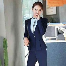 Completo Tailleur Donna Blu Scuro Giacca Manica Lunga Pantaloni Elegante W9040