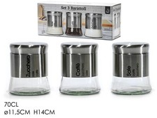 Tris Barattoli 3 Contenitori Caffè Zucchero Sale Vetro rilievo acciaio