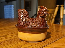 Vintage Hen on Nest terracotta teglia forno microonde marrone smalto a goccia con coperchio