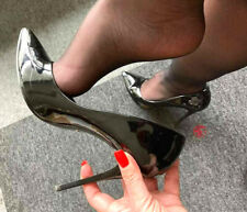 Scarpe Moda Decoltè Pumps Ecopelle Vernice Nero Lucido Tacco a Spillo 10 cm -36-