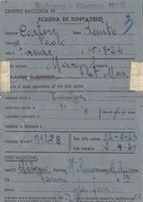 T61) SCHEDA DI RIMAPTRIO BOLOGNA CAMPO 3 CROCE ROSSA ITALIANA ( PRIGIONIERI ? )