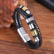 Bracciale Braccialetto Uomo acciaio con cinturino in cuoio nero - Idea regalo