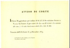 1839 VENEZIA Ricevimento mondano IMPERIAL REGIA CORTE *Avviso 26x18 cm