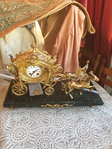Bronze clock marble horses - bronze, on