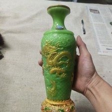 Luminous Stone Vase Gilded Enamel Brass Inlay Carp Dragon Motif Chinese Decor