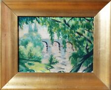 L. Kron (XX) kl. Gemälde~1950: 'ALSTERPARTIE' - BLICK DURCK BUSCHWERK AUF BRÜCKE