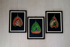 Set 3 quadri artigianali - pittura su foglia peepal -