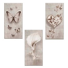 Set 3 pezzi Quadri su tela 38x75 cm SHABBY farfalle cuore e fiori