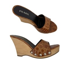Prada Zeppa Plateau Zoccoli Tacchi Cognac Pelle Croc Punta Aperta Marrone 38 (US 8)