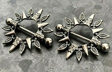 COPPIA Capezzoli Scudi Tribali Sunburst Design Sole Corpo Gioielli Acciaio Bilanciere Anelli