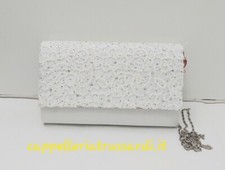 BORSA BUSTA POCHETTE CERIMONIA RASO BIANCO STRASS CON TRACOLLA CATENA