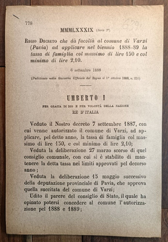 Varzi 1888 regio decreto - varzi,