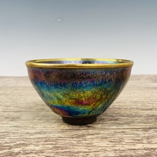 5.1" Old Song dynasty Porcelain jianzhan marked Qicai gilt Fambe Oil drop bowl