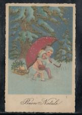 Cartolina Buon Natale Bambini con Ombrello Slitta Neve Z821